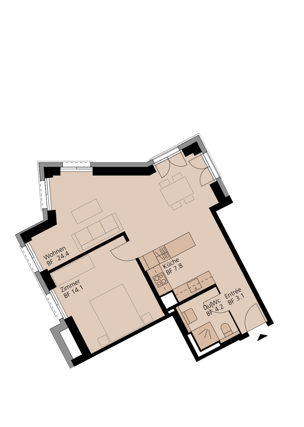 Grundriss 2.5 Zimmerwohnung mitten in der Stadt Zürich