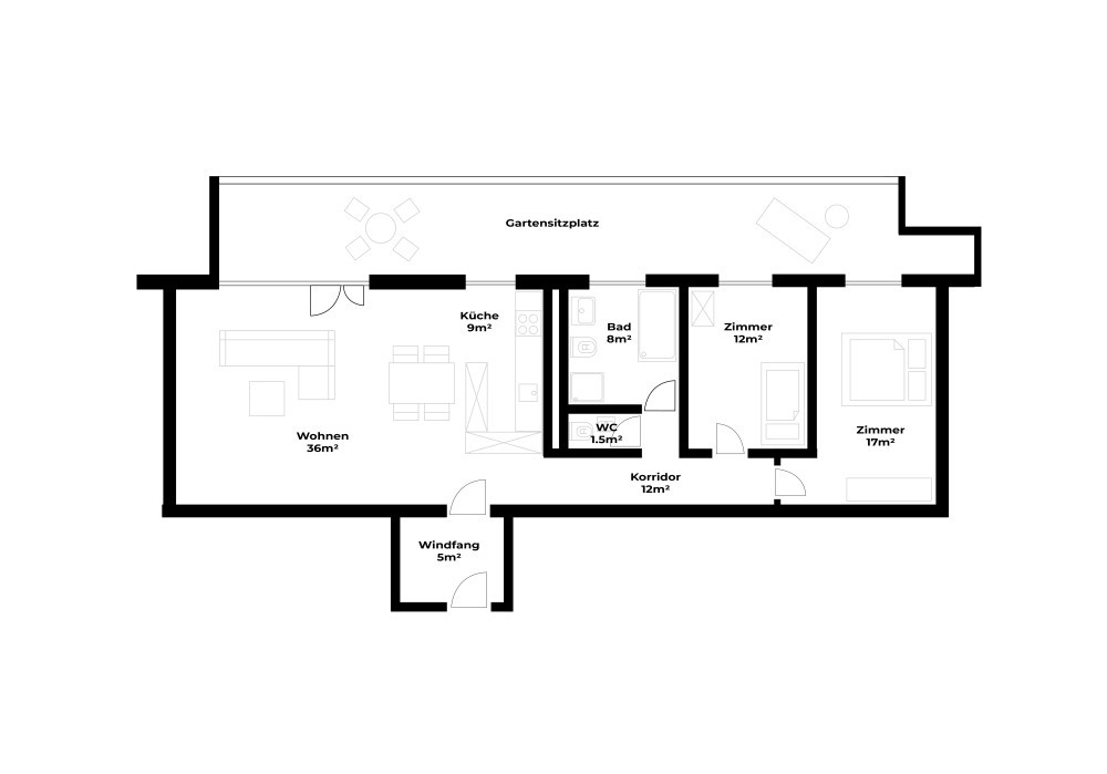 Grundriss Möblierte 3.5-Zimmer-Wohnung mit privatem Garten in Rothenburg