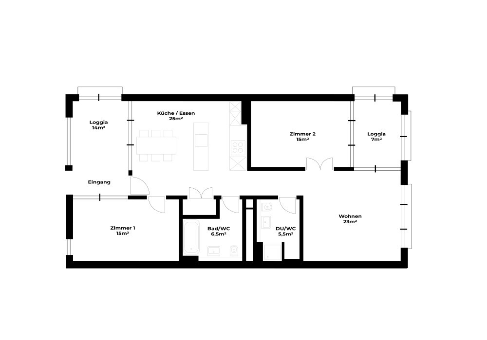 Grundriss Moderne möblierte 3.5-Zimmer-Wohnung mit Balkon in Zürich
