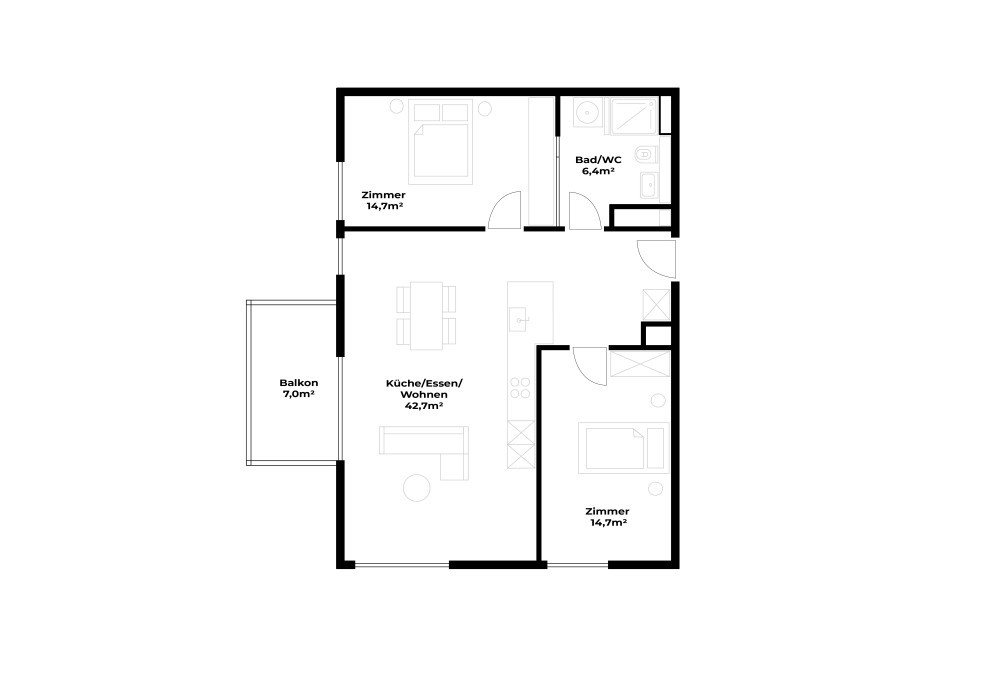 Grundriss Stilvolle 3.5-Zimmer-Wohnung mit Balkon in zentraler Lage