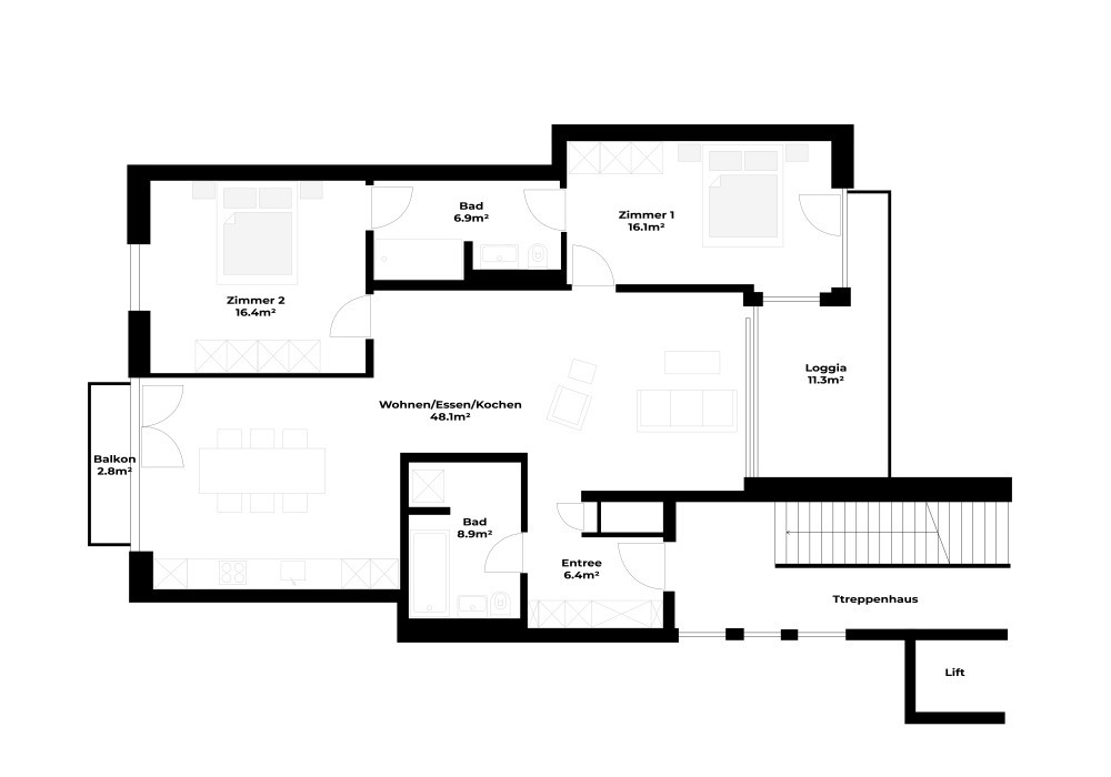 Grundriss Modern furnished 3.5-Room Apartment with Balcony in Zurich