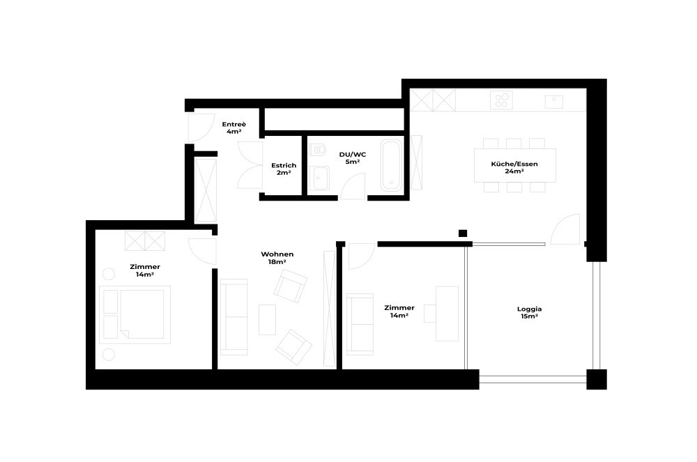 Grundriss Stilvolle 3.5-Zimmer-Wohnung mit Loggia und Bergsicht in Cham