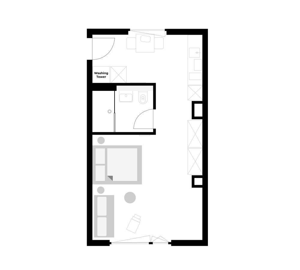 Grundriss 1.5 room apartment - large studio with private washing tower