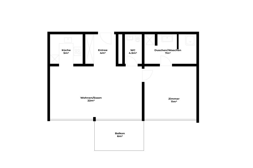 Grundriss Möblierte 2.5-Zimmer-Wohnung mit Balkon und Seesicht in Zug