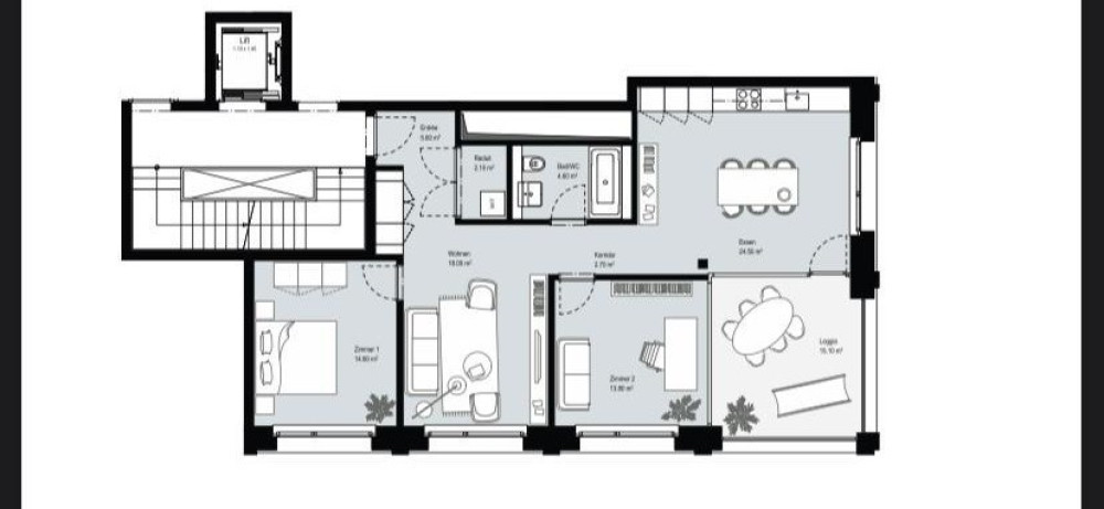 Grundriss Stilvolle 3.5-Zimmer-Wohnung mit Loggia und Bergsicht in Cham