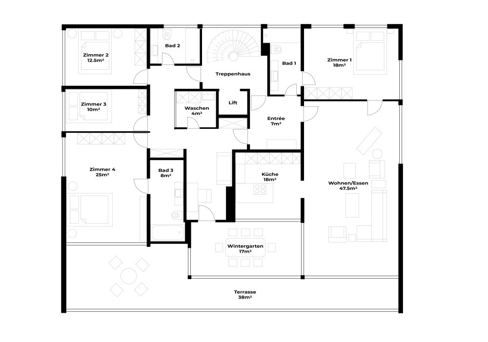 Grundriss Skyloft Penthouse Wohnen über Luzern mit See- und Bergblick