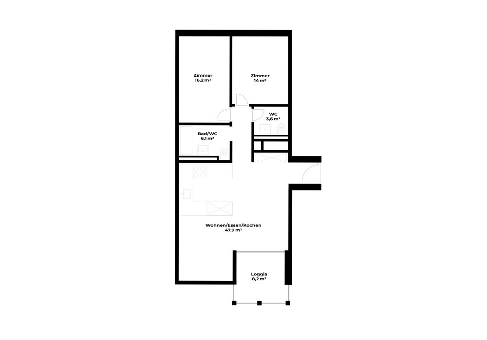 Grundriss Moderne möblierte 3.5-Zimmer-Wohnung mit Balkon und Bergsicht