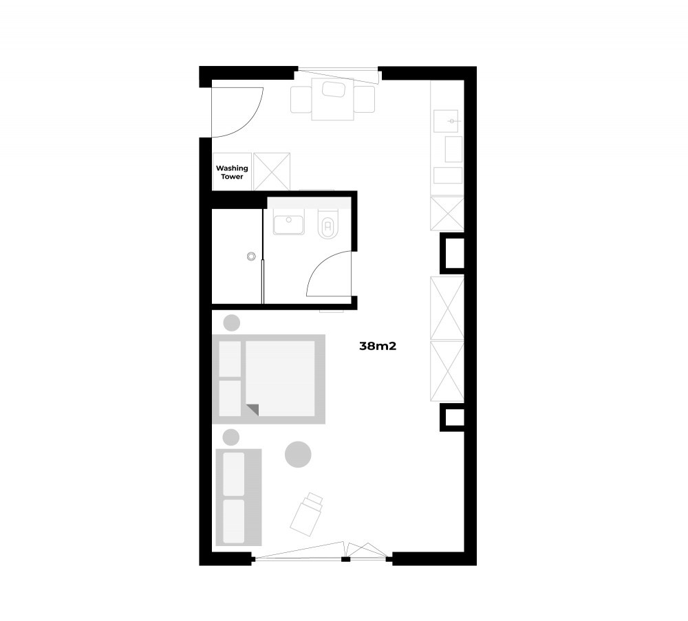 Grundriss NEU - 1.5  Zimmerwohnung - grosses Studio mit eigenem Waschturm