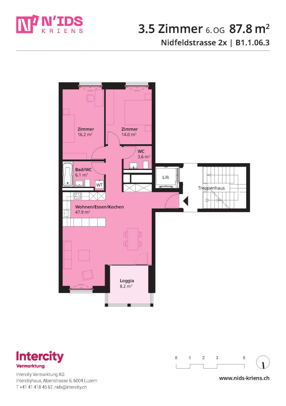 Grundriss Moderne möblierte 3.5-Zimmer-Wohnung mit Balkon und Bergsicht